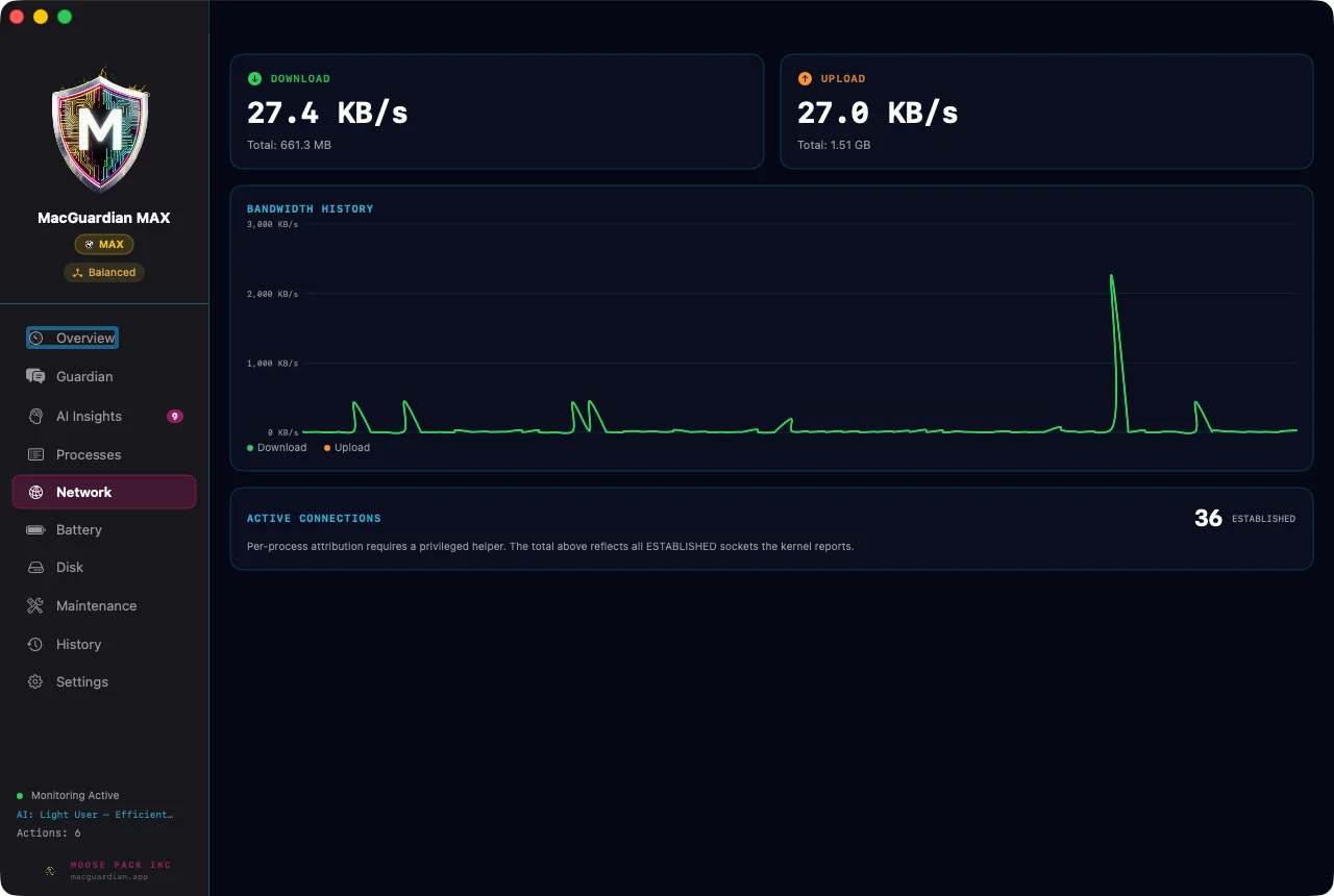 MacGuardian network view with bandwidth history and active connections