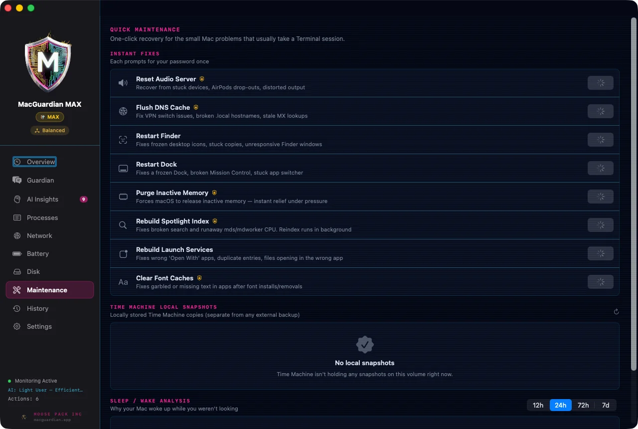 MacGuardian maintenance screen with instant fixes, Time Machine snapshots and sleep/wake analysis