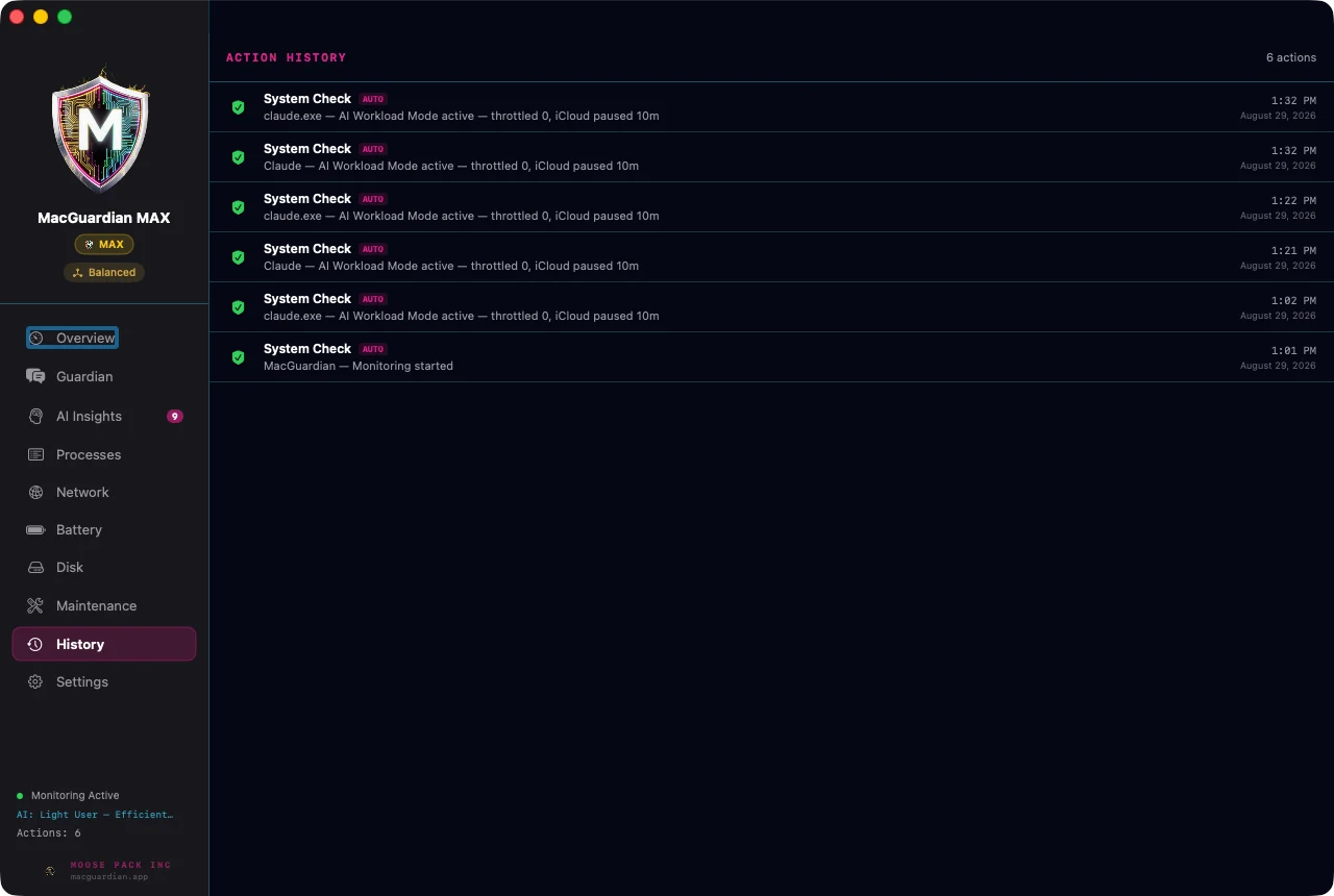 MacGuardian action history log of automatic system checks