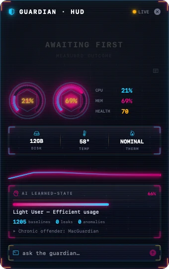 MacGuardian desktop HUD with live gauges, vitals, waveform and Guardian chat